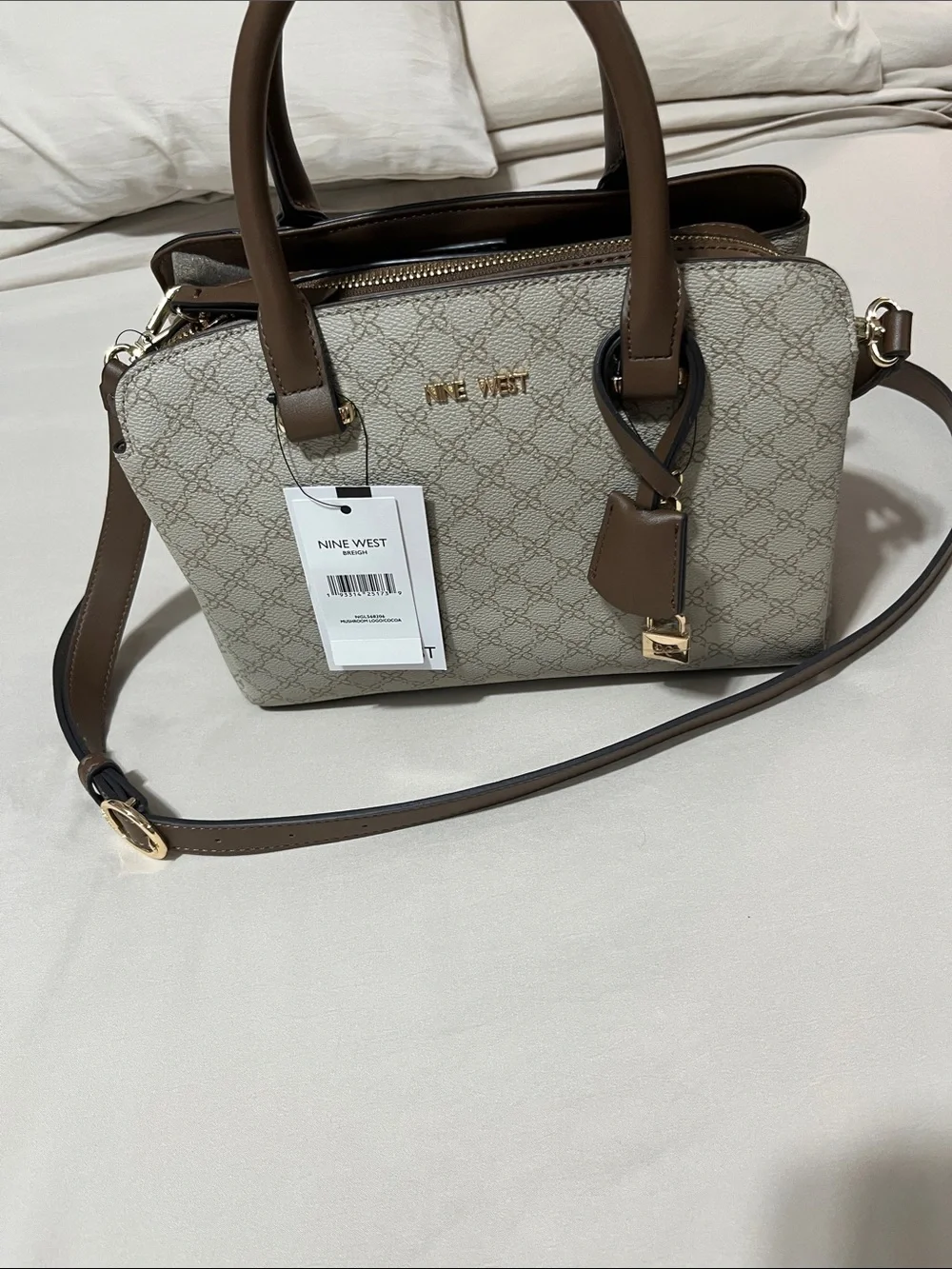 Nine West Beige Monogram Satchel with Brown Trim and Gold Accents